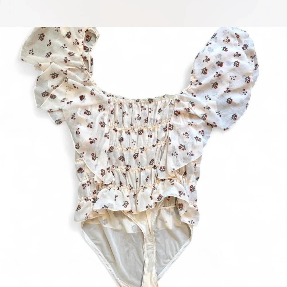 Free People Cream Floral Smocked Square-Neck Bodysuit - Picture 9 of 12